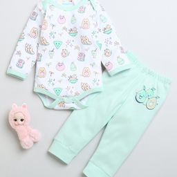 BUMZEE Cotton Full Sleeves Animal Printed Onesie & Pyjama Set - Mint & White-image-77