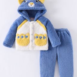 Kookie Kids Full Raglan Sleeves Winter Wear Hooded Fur Sweatjacket & Lounge Pant with Bear Patch & Applique - Blue-image-26