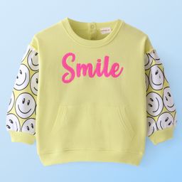 Babyhug Cotton Knit Full Sleeves Drop Shoulder Sweatshirt With Smiley Print - Lime Green-image-45