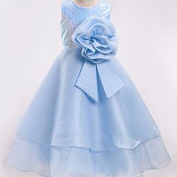 Bluebell Tissue Woven Sleeveless Sequined Layered Party Gown with Floral Corsage - Light Blue-image-11