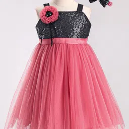 Enfance Sleeveless Floral Applique Sequin EmbellishedDress With Headband - Red-picture-47