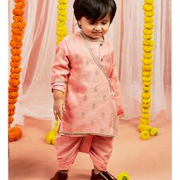 Vastramay Silk Blend Jacquard Full Sleeves Kantha Work Detailed Dhoti Kurta Set - Pink-picture-6