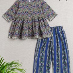 The Magic Wand Three Fourth Sleeves Lace Embellished & Ethnic Motif Printed Kurta With Floral Printed Salwar Set - Navy Blue-image-78