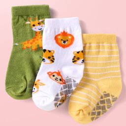 Cute Walk by Babyhug Knit Ankle Length Antibacterial Anti Skid Socks with Stripes & Animal Design Pack of 3 - White Green & Yellow-image-11