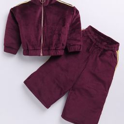 M'andy Velvet Full Sleeves Solid Top With Coordinating Pant Set - Maroon-image-56