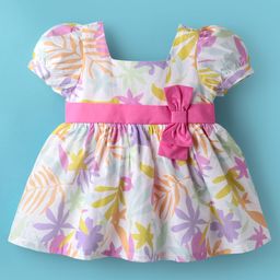 ToffyHouse Cotton Woven Half Sleeves Frock With Tropical Theme & Bow Applique Print - Pink-image-49