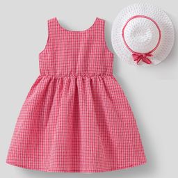 Mark & Mia Sleeveless Checkered Frock with Bow Detailing at the Back & Hat - Red-image-79