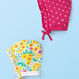 Babyhug 100% Cotton Interlock Knit Knoted Caps With Floral & Polka Dots Print Yellow & Pink Pack Of 2 - Diameter 22 cm-picture-6