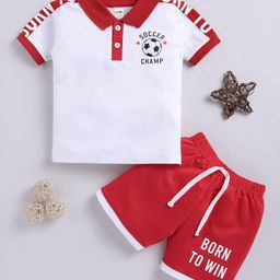 Little Ninja Cotton Half Sleeves Soccer Champ Text Printed Polo Tee & Coordinating Shorts Set - Red-image-63