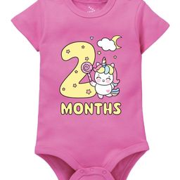 Zeezeezoo 100% Cotton Monthly Birthday Theme Half Sleeves 2 Months Text & Baby Unicorn Printed Onesie - Pink-image-66