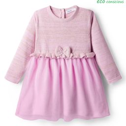 Babyoye 100% Cotton Knit Full Sleeves Solid Woollen Dress With Bow Applique - Light Pink-picture-30