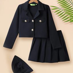 Tiara Interlock Knit Full Sleeves Solid Jacket & Pleated Skirt With Cap Set - Navy Blue-image-6