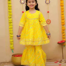Little Ginnie Cotton Woven Three Fourth Sleeves Leheriya Printed Gota Lace Embellished Coordinating Kurta & Sharara Set - Yellow-picture-35