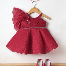 Enfance Half Sleeves Floral Applique Beads Embellished Knee Length Dress With Headband & Booties Set - Cherry-image-78