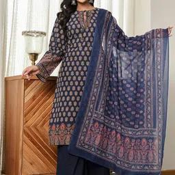 Yufta Women Ethnic Motifs Printed Regular Pure Cotton Kurta with Palazzos & With Dupatta-12