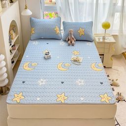 JC HOME Blue & Yellow Graphic Printed 160 TC Queen Fitted Bedsheet With 2 Pillow Covers-image-26