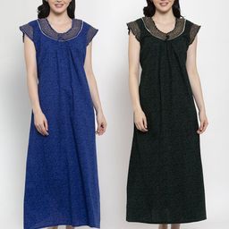 Secret Wish Pack Of 2 Blue & Green Printed Pure cotton Maxi Nightdress-picture-32