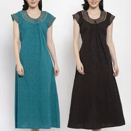Secret Wish Pack Of 2 Turquoise Blue & Black Printed Pure Cotton Maxi Nightdress-image-94