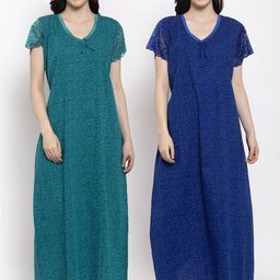 Secret Wish Set-2 Women Turquoise Blue& Blue Printed Maxi Nightdress-image-89
