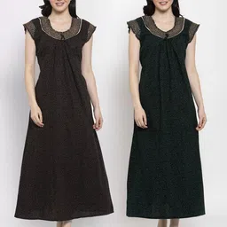 Secret Wish Pack Of 2 Green & Black Printed Pure Cotton Maxi Nightdress-image-62