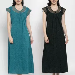 Secret Wish Pack Of 2 Turquoise Blue & Black Printed Pure Cotton Maxi Nightdress-image-93
