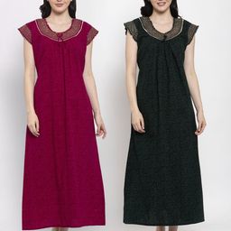 Secret Wish Maroon & Green Set Of 2 Floral Printed Maxi Nightdress-image-60