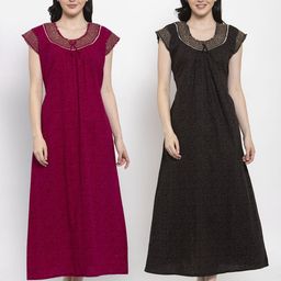 Secret Wish Pack of 2 Maroon & Coffee Brown Printed Pure Cotton Maxi Nightdress-image-8