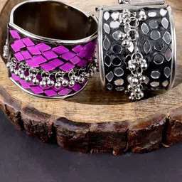 VAGHBHATT Pack of 2 Silver Oxidised Cuff Bracelet-image-5