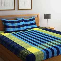 Arrabi Blue & Navy Blue Striped 300 TC Cotton King Bedsheet With 2 Pillow Covers-image-23