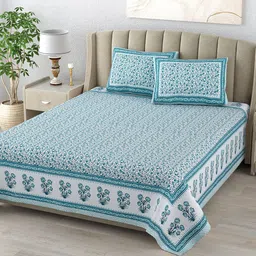 DE CAMA Blue & White Floral 300 TC Pure Cotton King Bedsheet With 2 Pillow Covers-image-6