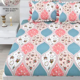 DREAM WEAVERZ White & Blue Ethnic Motifs 260 TC Fitted Bedsheet with 2 Frill Pillow Covers-image-95