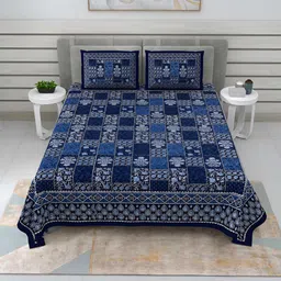 BED-SHEET.COM Blue & White Ethnic Motifs Cotton 240TC King Bedsheet With 2 Pillow Covers-picture-40