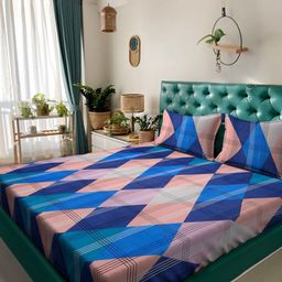 Alina decor Blue & Pink Geometric 210 TC Queen Bedsheet With 2 Pillow Covers-picture-18