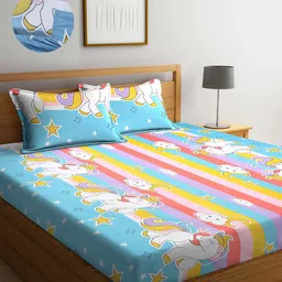 Arrabi Blue & Pink Cartoon Characters 300 TC King Bedsheet with 2 Pillow Covers-image-23