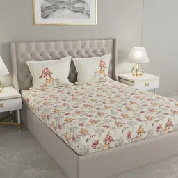 GM Beige & Orange Floral 144 TC Cotton Double Queen Bedsheet with 2 Pillow Covers-13