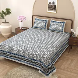 CURIOUS LIFESTYLE Blue & White Floral 300 TC Cotton King Bedsheet with 2 Pillow Covers-image-89