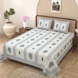 CURIOUS LIFESTYLE White & Blue Floral 300 TC Cotton King Bedsheet with 2 Pillow Covers-image-88