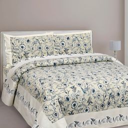 VJORE HOME EMBELLISH Beige Blue Floral Cotton 210 TC King Bedsheet With 2 Pillow Covers-picture-2