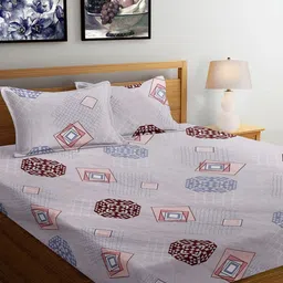 FABINALIV Off White & Brown Geometric 300 TC Fitted King Bedsheet With 2 Pillow Covers-image-31