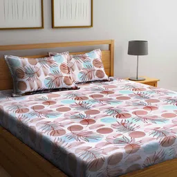 Arrabi Brown & Sea Green Floral 300 TC King Cotton Bedsheet with 2 Pillow Covers-image-21