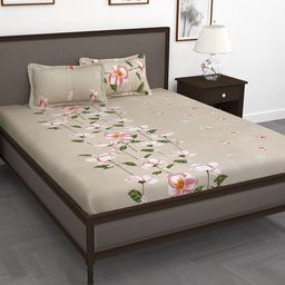 Story@home Beige Pink Floral Flat 210 TC 1 King Bedsheet with 2 Pillow Covers-image-78