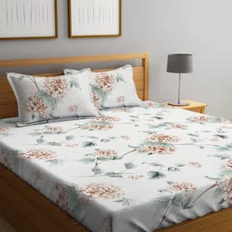 KLOTTHE White & Peach Floral Printed 300 TC King Bedsheet with 2 Pillow Covers-picture-18