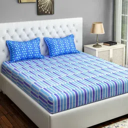 SWAYAM Blue & White Abstract 144 TC Cotton 1  Queen Bedsheet with 2 Pillow Covers-image-14