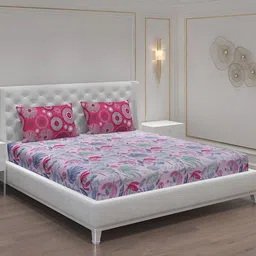 Moca By Monte Carlo Pink & Blue Floral 104 TC Queen Bedsheet with 2 Pillow Covers-image-26