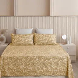 HOMEMONDE Gold Toned Printed Cotton 210 TC King Bedsheet With 2 Pillow Covers-27
