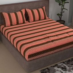 Aura Peach & Brown Striped Printed Cotton 180 TC Queen Bedsheet With 2 Pillow Covers-image-7