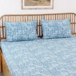 House This Gamathi Blue Ethnic Motifs Cotton 144 TC Fitted Queen Bedsheet & Pillow Covers-39