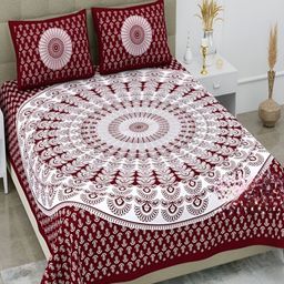 Runjhun Maroon Ethnic Motifs Printed 180 TC Cotton Queen Bedsheet with 2 Pillow Covers-image-24