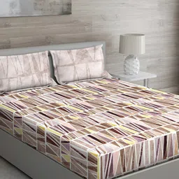 GM Brown & Beige MATTHIOLA Geometric 150 TC Queen Bedsheet with 2 Pillow Covers-image-63