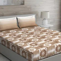 GM Brown & White MATTHIOLA Geometric 150 TC Queen Bedsheet with 2 Pillow Covers-image-95
